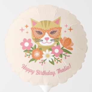 Cute Retro Floral Cat Girls Birthday Balloon