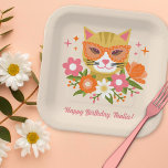 Cute Retro Floral Cat Girls Birthday Paper Plates<br><div class="desc">These cute girls' birthday party paper plates feature a hand drawn retro cat wearing sunglasses, along with floral elements (including daisies) and star accents. A color palette of pink, orange, muted gold, and olive toned greens adds to the retro / vintage look! A text template is included for easy personalization....</div>
