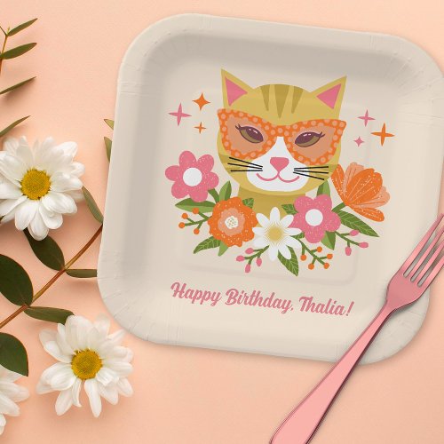Cute Retro Floral Cat Girls Birthday Paper Plates