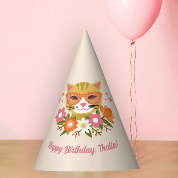 Cute Retro Floral Cat Girls Birthday Party Hat by Orabella at Zazzle