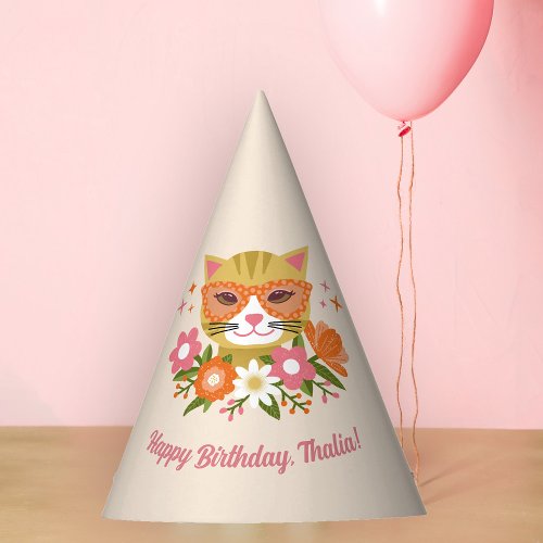 Cute Retro Floral Cat Girls Birthday Party Hat