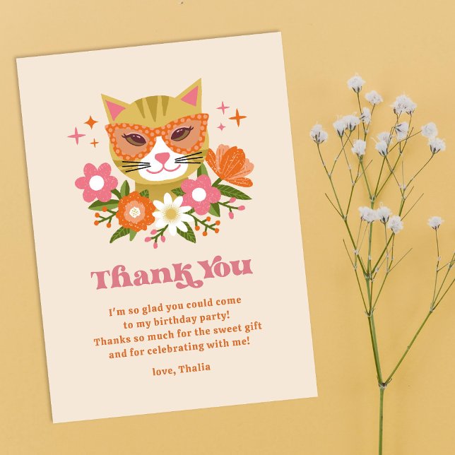Cute Retro Floral Cat Girls Birthday Thank You Card (Creator Uploaded)