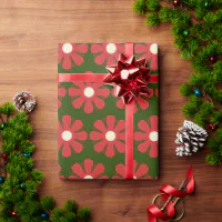 Cute Retro Floral Christmas Pattern Red and Green Wrapping Paper