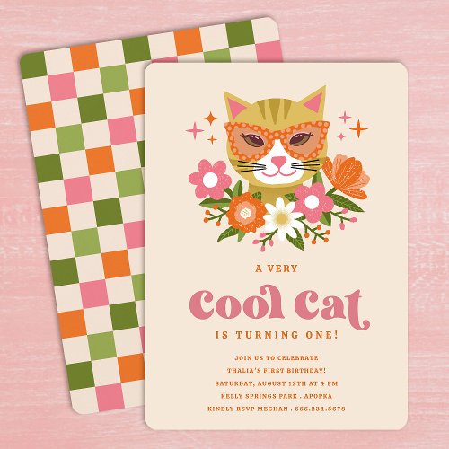 Cute Retro Floral Cool Cat First Birthday Party Invitation