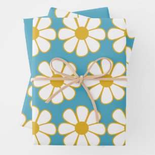 Cute Retro Floral Daisy Pattern Mustard and Blue Wrapping Paper Sheets