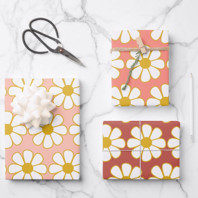Cute Retro Floral Daisy Pattern Wrapping Paper Sheets (Front)
