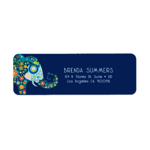 Cute Retro Floral Elephant on Dark Blue Label