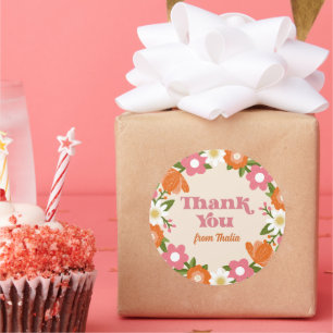 Cute Retro Floral Frame Thank You Classic Round Sticker