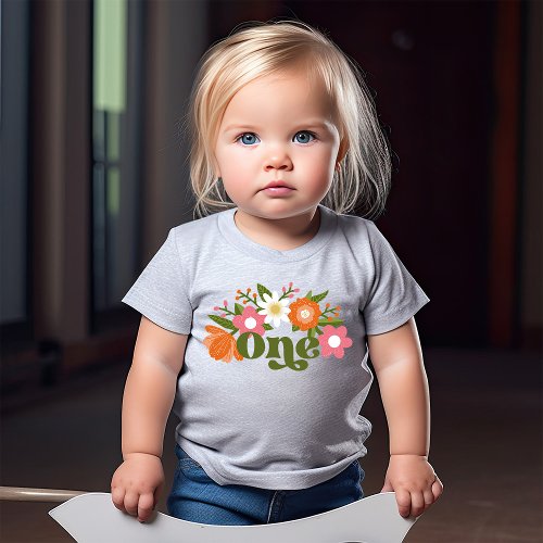 Cute Retro Floral One  Babys First Birthday  Baby T_Shirt