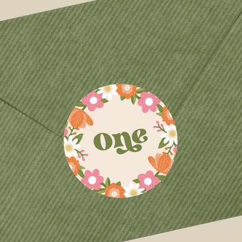 Cute Retro Floral One  Babys First Birthday  Classic Round Sticker