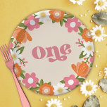 Cute Retro Floral One | Baby's First Birthday  Paper Plates<br><div class="desc">These super cute first birthday paper plates feature a hand drawn floral frame,  including daisies,  in orange,  pink,  olive toned greens,  muted gold,  and white. Retro Typography reads,  "One" in matching pink. *Illustration by Tracey Khalei / Orabella Prints.</div>