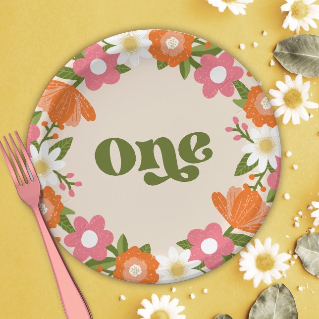 Cute Retro Floral One | Baby's First Birthday  Paper Plates (Creator Uploaded)