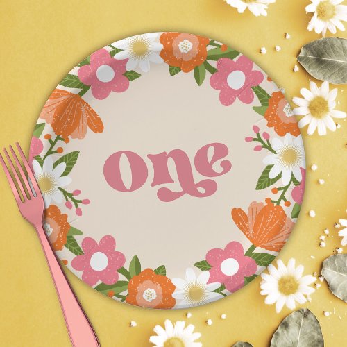 Cute Retro Floral One  Babys First Birthday  Paper Plates