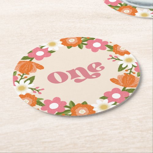 Cute Retro Floral One  Babys First Birthday  Round Paper Coaster