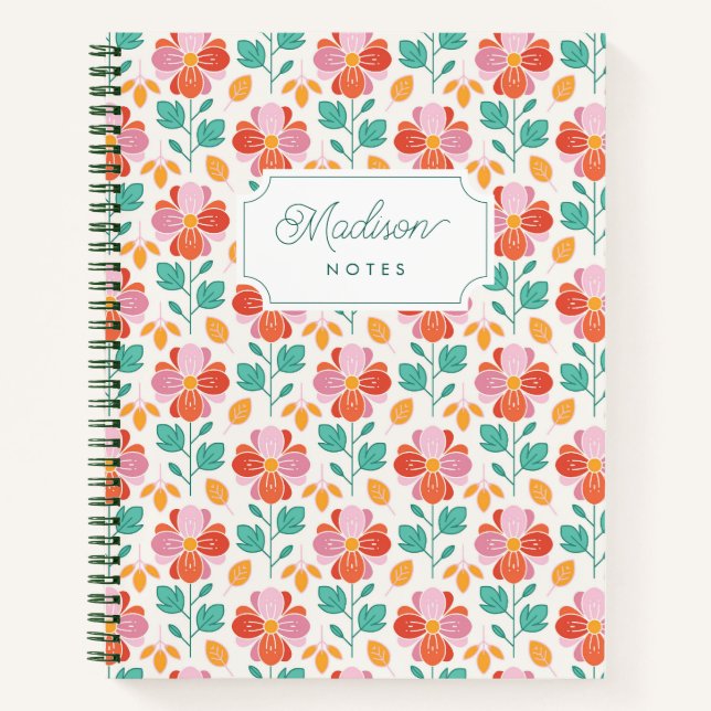 Cute Retro Floral Pattern Monogram Notebook (Front)