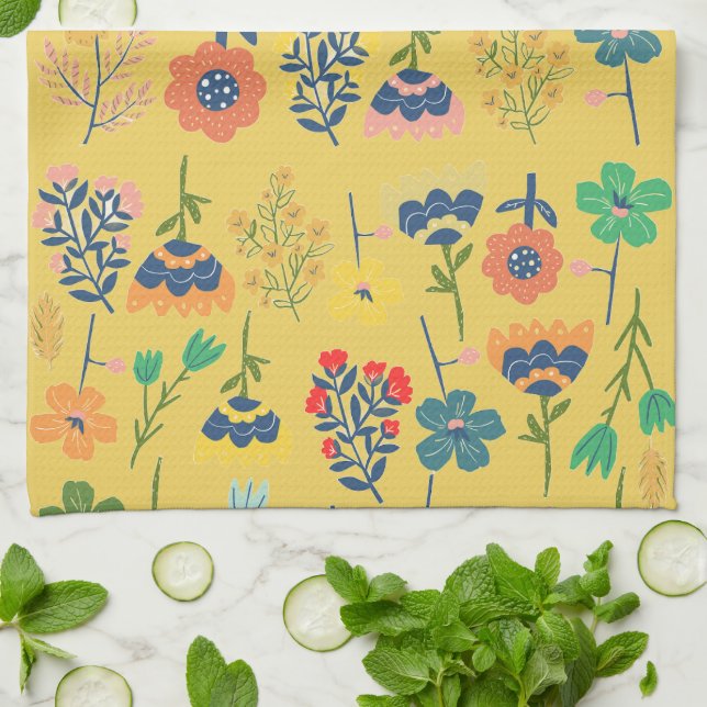 Cute retro floral pattern mustard Pink Green Kitchen Towel (Folded)