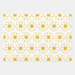 Cute Retro Floral Pattern Mustard & White Wrapping Paper Sheets