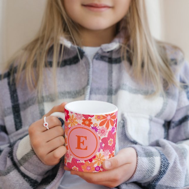 Cute Retro Floral Pattern Orange Pink Monogram  Mug (Creator Uploaded)