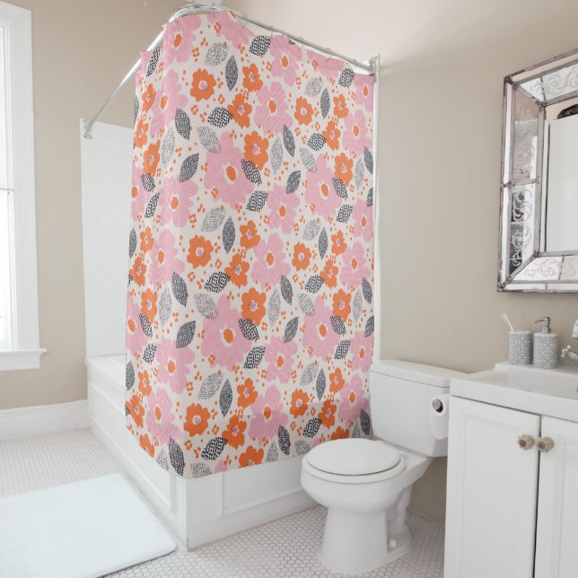 Cute Retro Floral Pattern Shower Curtain (In Situ)