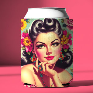 Cute Retro Floral Pin-up Portrait Can Cooler
