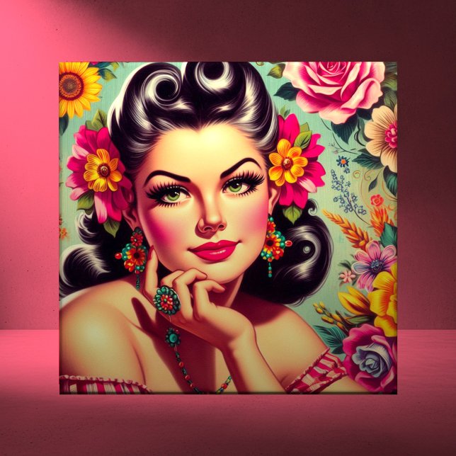 Cute Retro Floral Pin-up Portrait Ceramic Tile (Creator Uploaded)