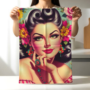 Cute Retro Floral Pin-up Portrait Kitchen Towel