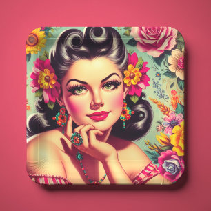 Cute Retro Floral Pin-up Portrait Paper Plates