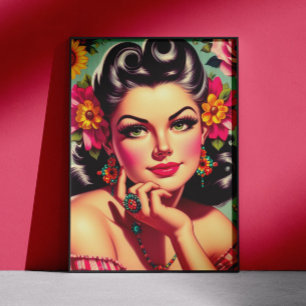 Cute Retro Floral Pin-up Portrait Poster