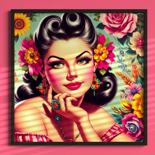 Cute Retro Floral Pin-up Portrait Poster