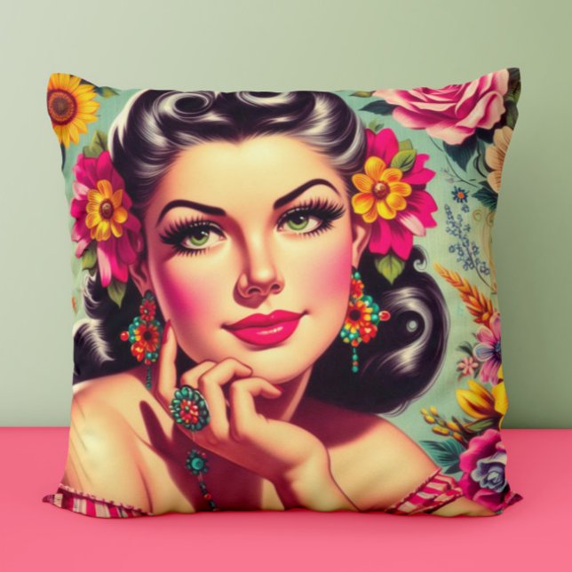 Cute Retro Floral Pin-up Portrait Throw Pillow (Creator Uploaded)