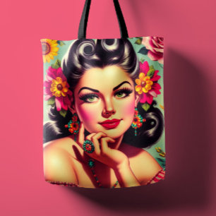 Cute Retro Floral Pin-up Portrait Tote Bag