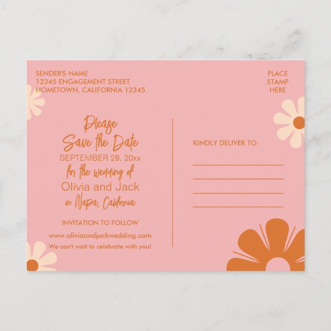 Cute Retro Floral Pink and Orange Save the Date Postcard (Back)