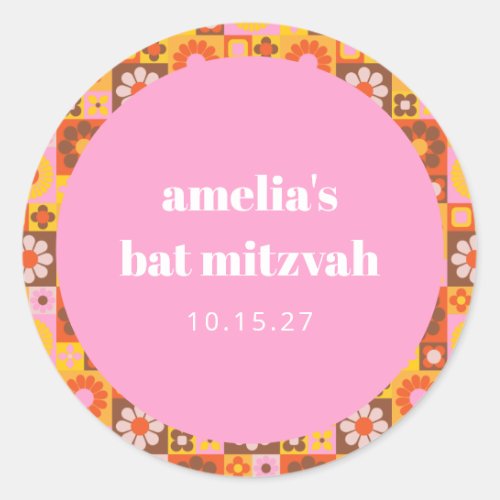 Cute Retro Floral Pink Orange Bat Mitzvah Custom Classic Round Sticker