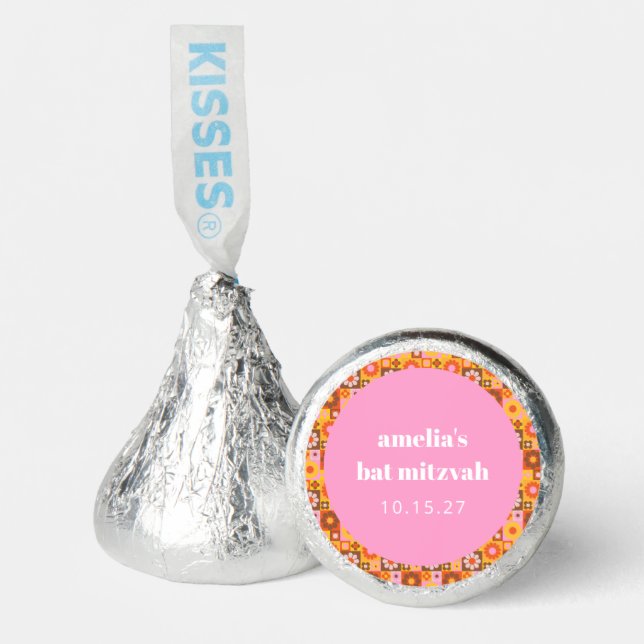 Cute Retro Floral Pink Orange Bat Mitzvah Custom Hershey®'s Kisses® (Front)