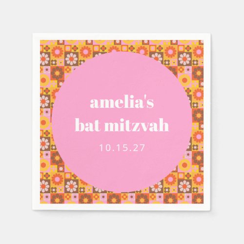Cute Retro Floral Pink Orange Bat Mitzvah Custom Napkins