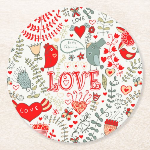 Cute Retro Floral Valentines Design Round Paper Coaster
