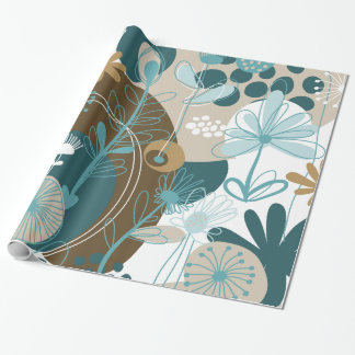 Cute Retro Floral Vector, Aqua Teal Brown Wrapping Paper