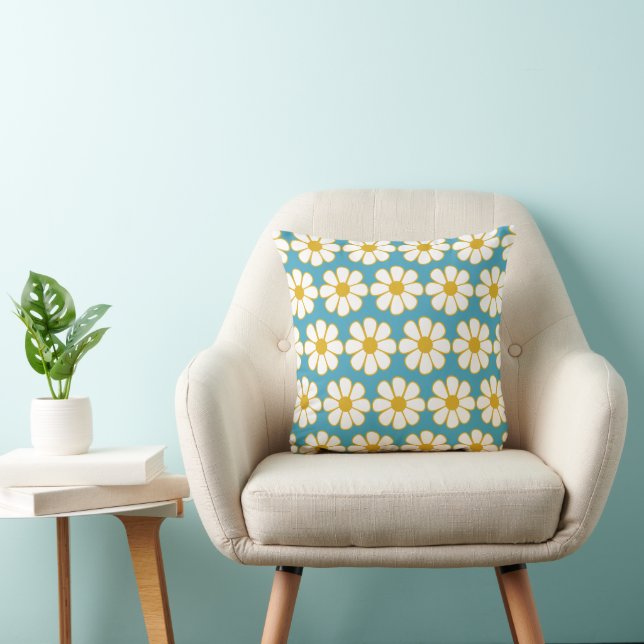 Cute Retro Flower Pattern Blue and Mustard Throw Pillow (Chair)