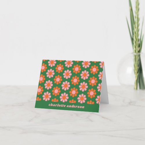 Cute Retro Flower Pattern Green Pink Personalized Note Card