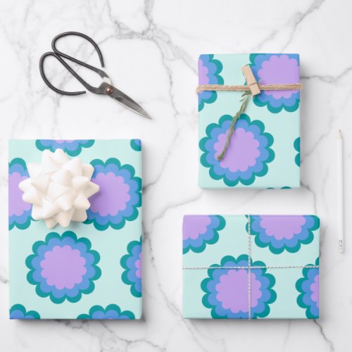 Cute Retro Flower Pattern in Mint and Purple  Wrapping Paper Sheets