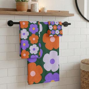 Cute Retro Flower Pattern in Purple and Green   Bath Towel Set