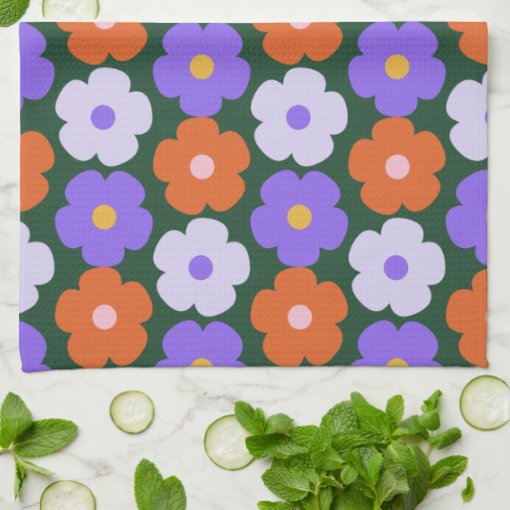 Cute Retro Flower Pattern in Purple and Green Kitchen Towel Zazzle