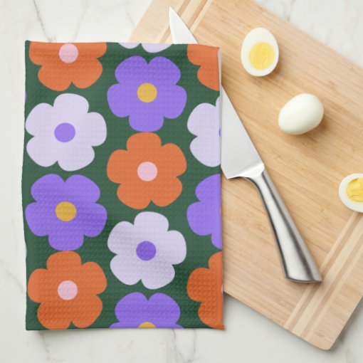Cute Retro Flower Pattern in Purple and Green Kitchen Towel | Zazzle