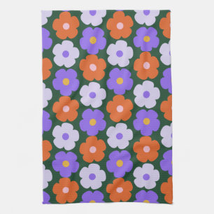 Cute Retro Flower Pattern in Purple and Green Kitchen Towel