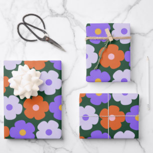 Cute Retro Flower Pattern in Purple and Green Wrapping Paper Sheets