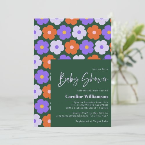 Cute Retro Flower Pattern Purple Green Baby Shower Invitation