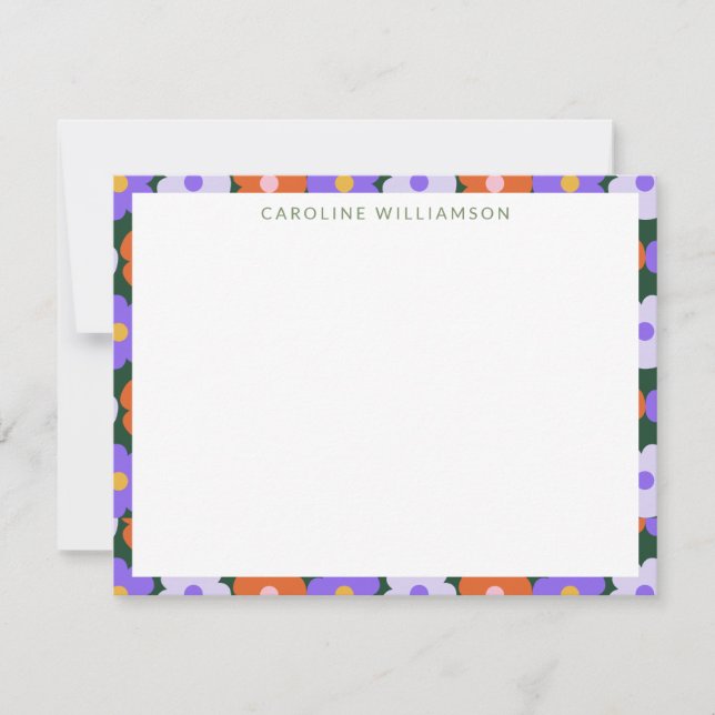 Cute Retro Flower Purple Green Personalized Name Note Card (Front)