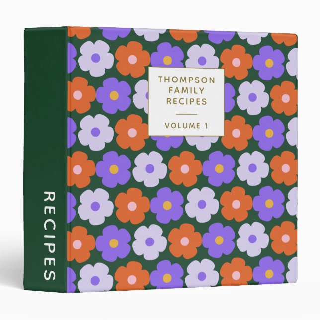 Cute Retro Flower Purple Green Personalized Recipe 3 Ring Binder (Front/Spine)