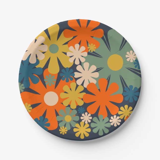 Cute Retro Flowers 60s 70s Vibe Paper Plates (Front)