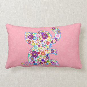 Cute Retro Flowers Cartoon Style Elephant Lumbar Pillow